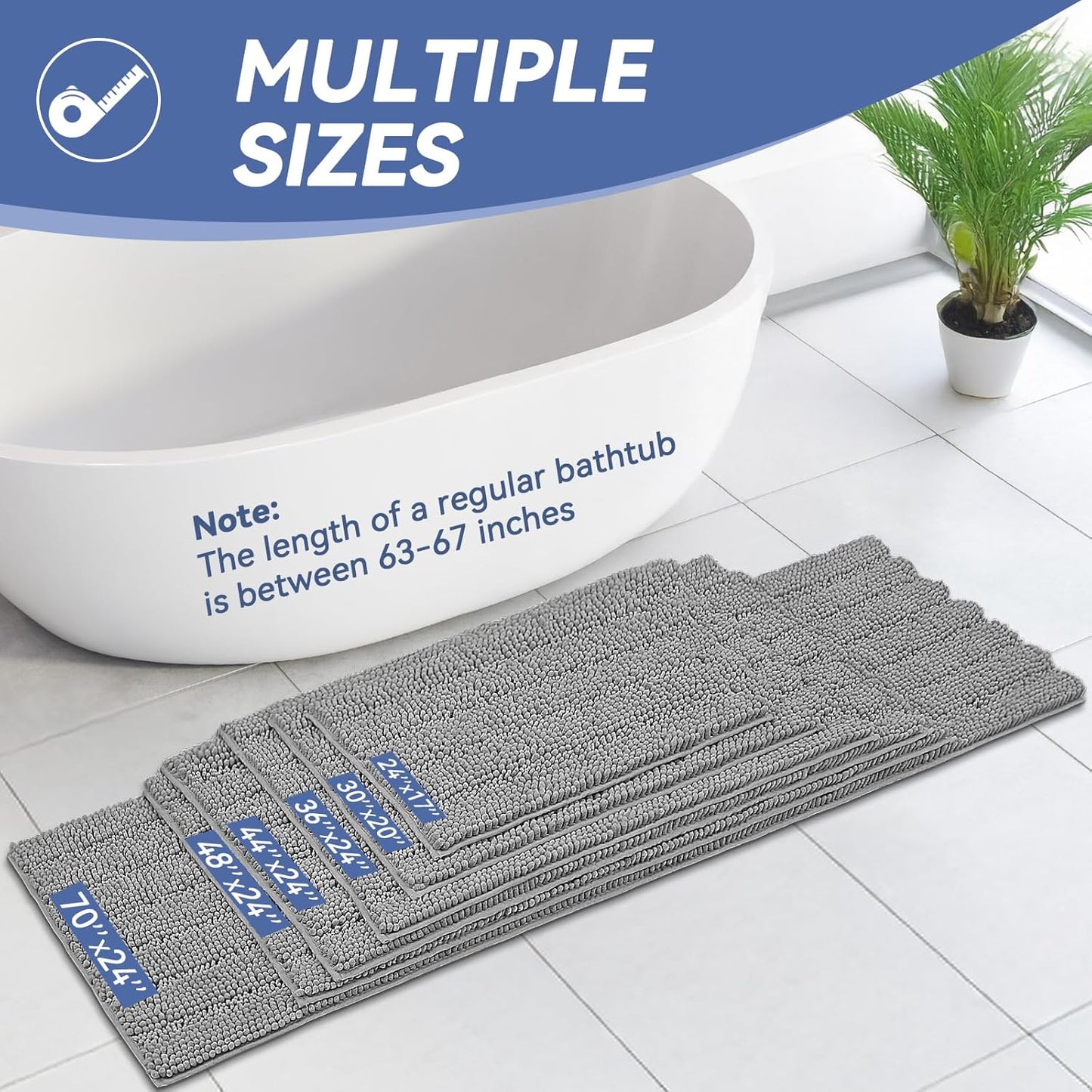 Bcoimo 24"×17" Chenille Bath Mat – Non-Slip with Backing Bath Rug Ultra-Absorbent and Machine Washable Bathroom Mat Quick-Dry Design. Ideal for Bathroom and Tub Areas