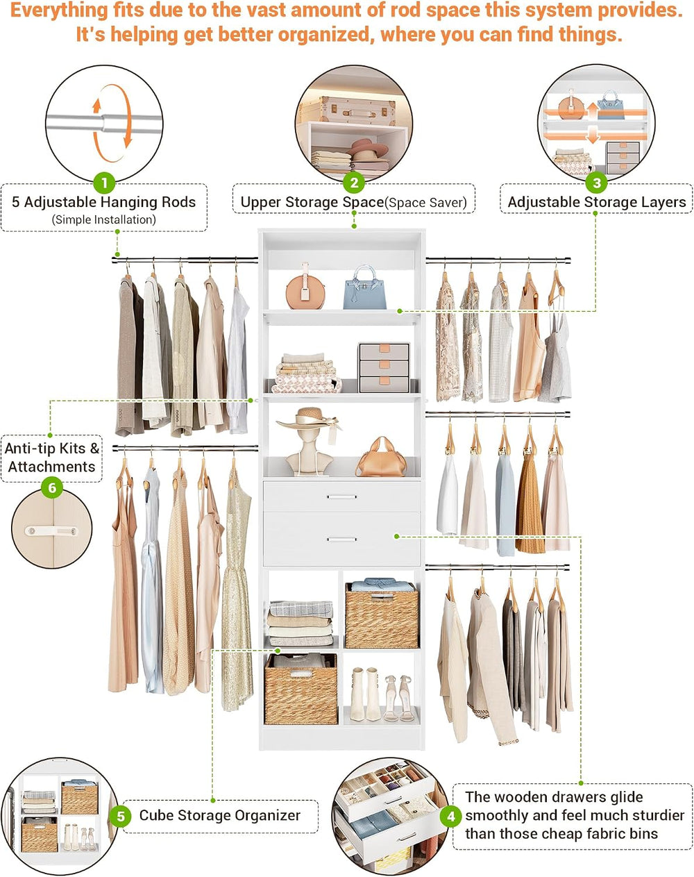 Besiost Small Closet System, 3.2-6.8FT Small Closet Organizer with 2 Wooden D...