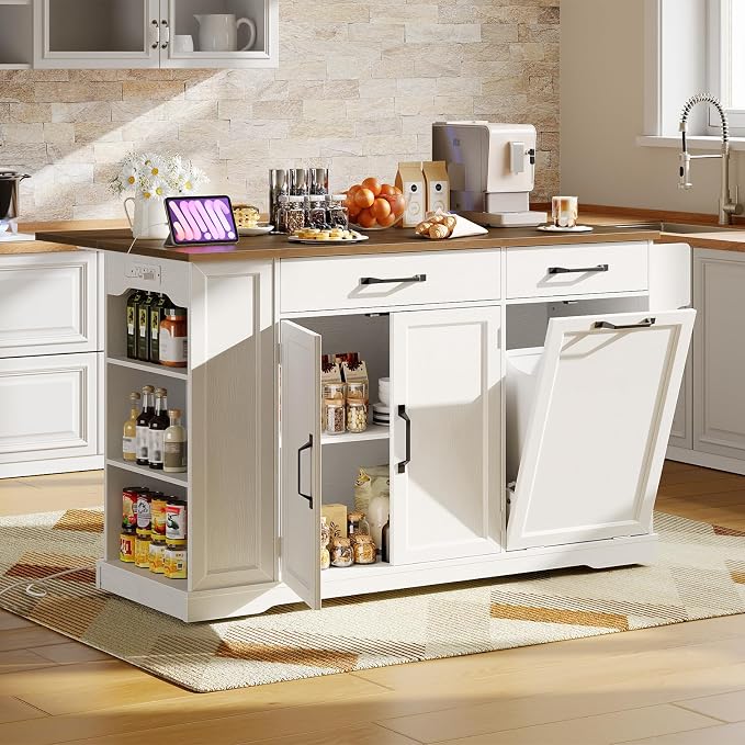 Kitchen Island with Power Outlet & Drop Leaf, Rolling Storage Cart with Trash by RALGEND