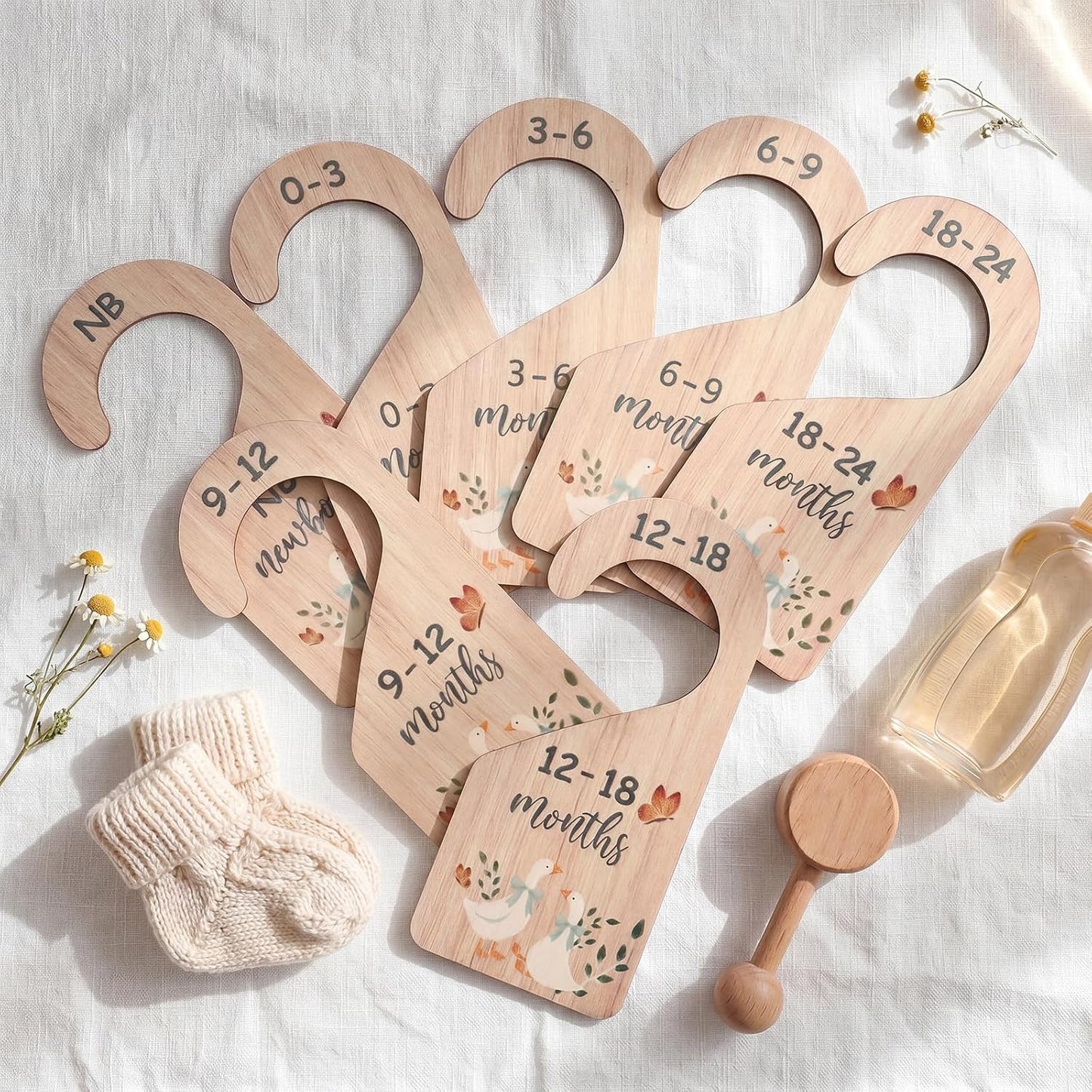 RattanView 7 Pcs Retro Goose Baby Closet Dividers for Clothes Organizer Double Sided Wooden Nursery Closet Dividers for Baby Boy Girl Newborn to 24 Months Home Nursery Supplies