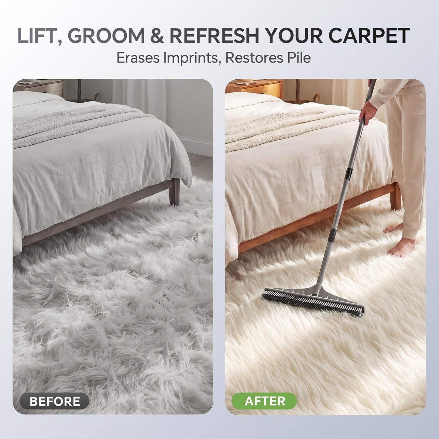 Walensee Carpet Rake for Pet Hair Removal, 2 in 1 Rug Rake to Fluff Carpet with Nylon Groomer Brush, Adjustable Long Handle for Shag Rugs, Stairs, Mats and Floors, Rubber Broom