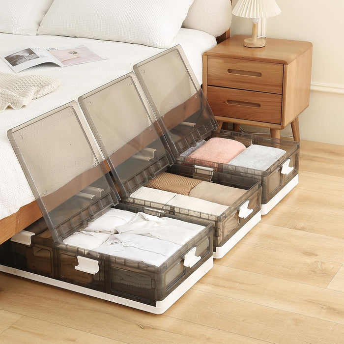 Under Bed Storage Containers with Wheels - Stackable, Foldable Plastic Storage Boxes with Lids for Clothes, Shoes, Blankets - Perfect for Bedroom Organization and Dorms (2 Pack-25.2''x16.5''x7.1'')