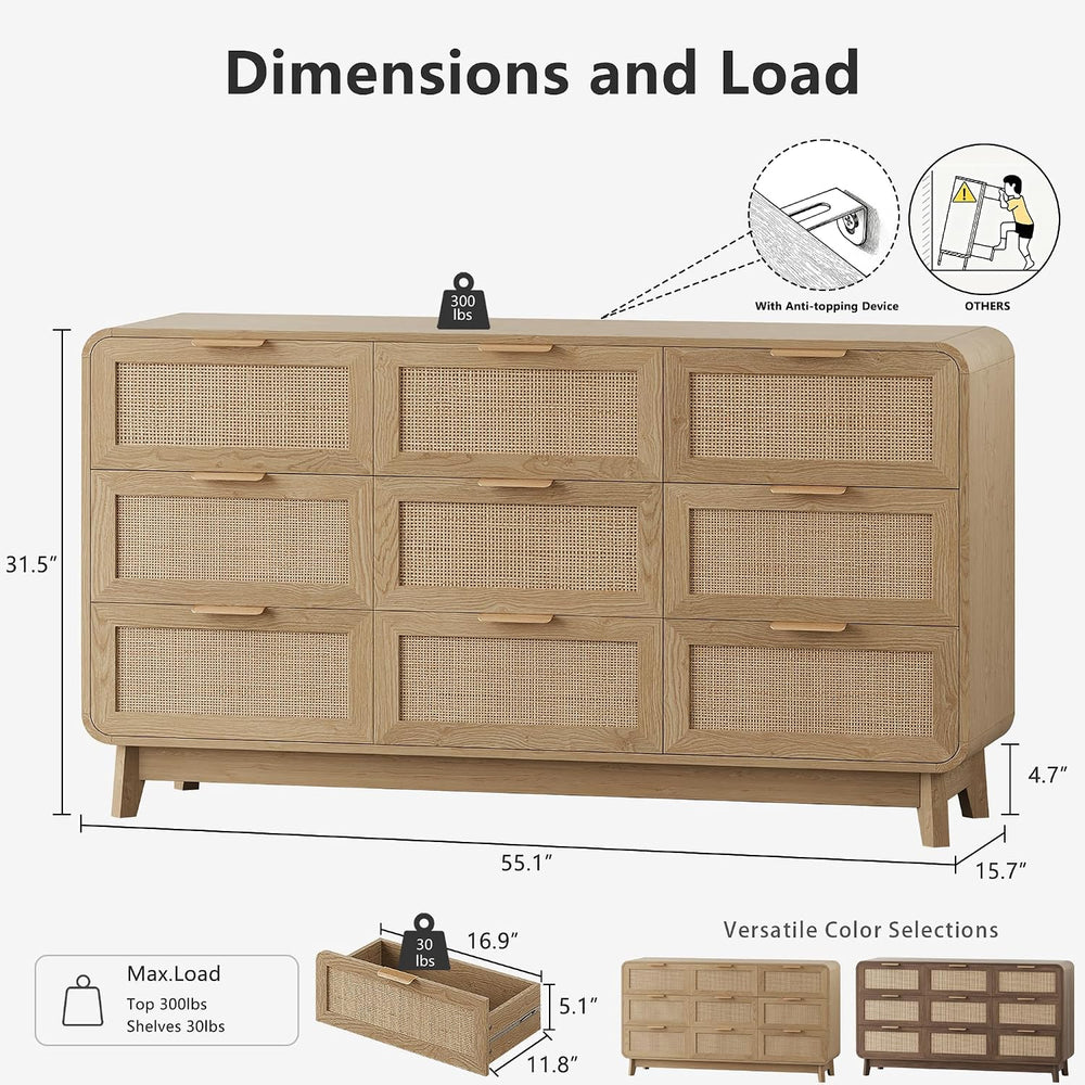 FORTUNETEC Rattan Dresser with Storage, Modern Farmhouse 9 Drawer Dresser, 55...
