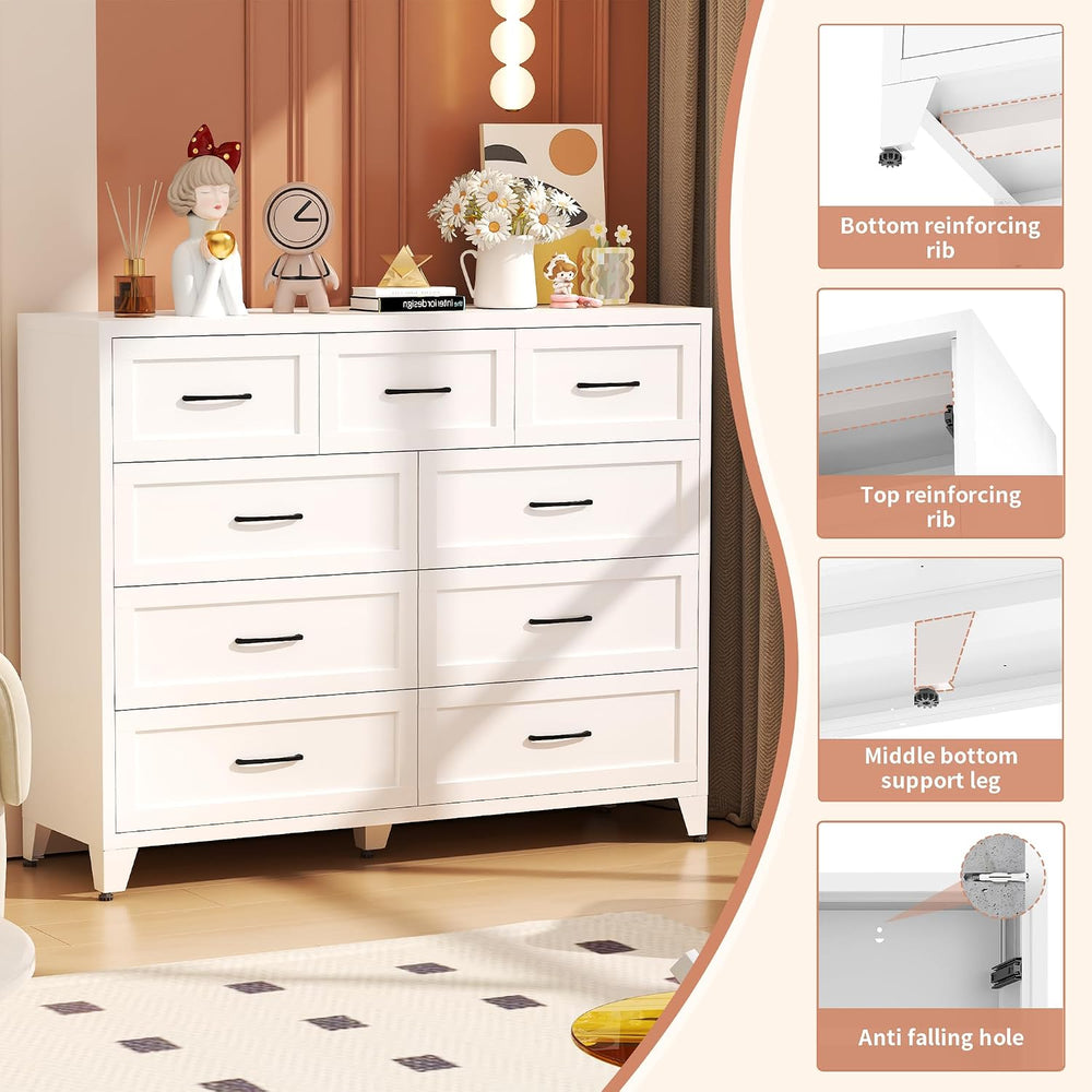 Metal 9-Drawer Dresser for Bedroom, 47" Wide White Steel Chest of Drawer...