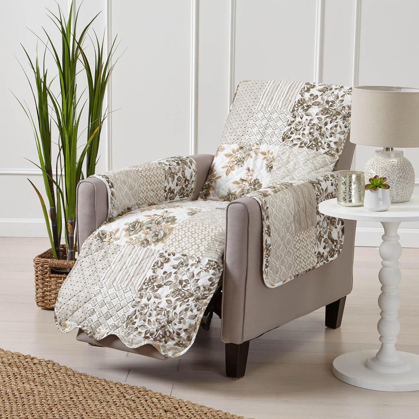Great Bay Home Reversible Patchwork Recliner Cover - Washable Slipcover Furniture Protector with Elastic Straps - Perfect for Kids & Pets - Box-Stitched Detail (Taupe)