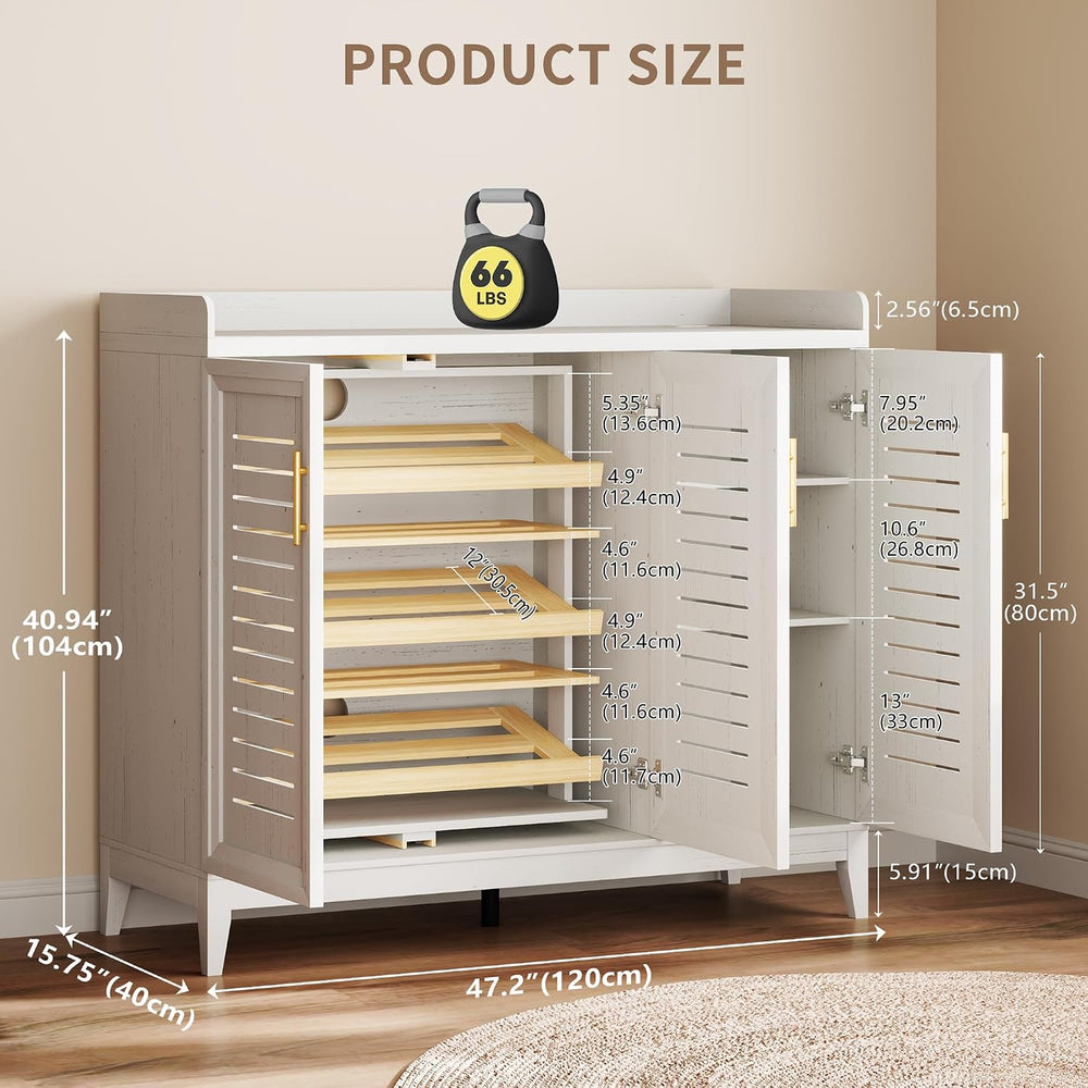 Vlsrka Rotating Shoe Storage Cabinet with Slatted Doors and Lights, White