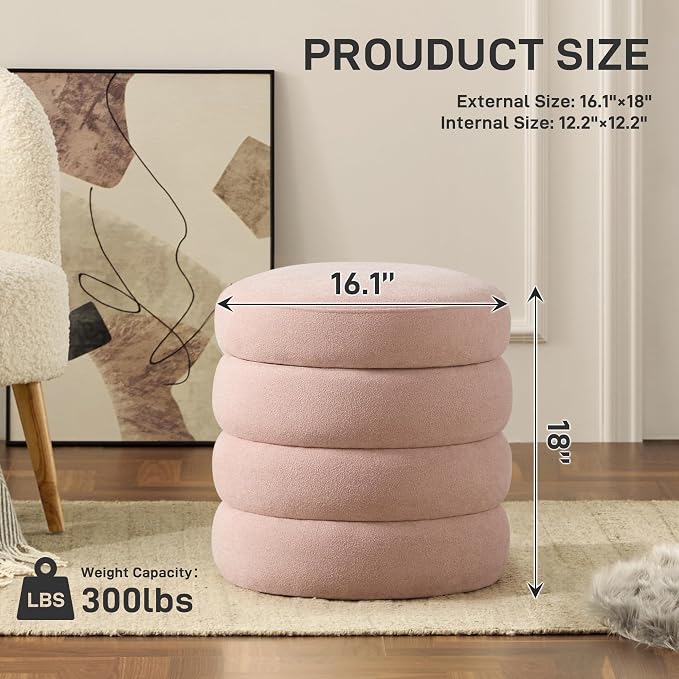 Round Ottoman with Storage Boucle Ottoman Stool Removable Lid - Image 2
