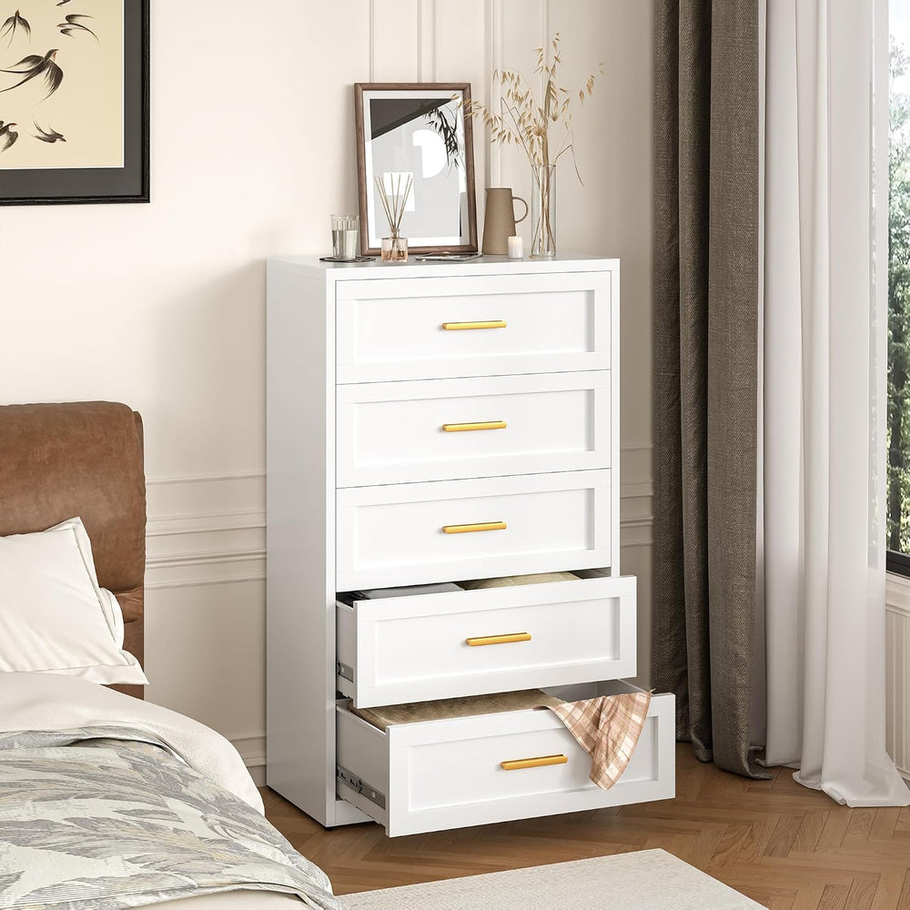 LCAOPC White Metal Dresser with 5 Spacious Drawers, Modern Chest of Drawers w...