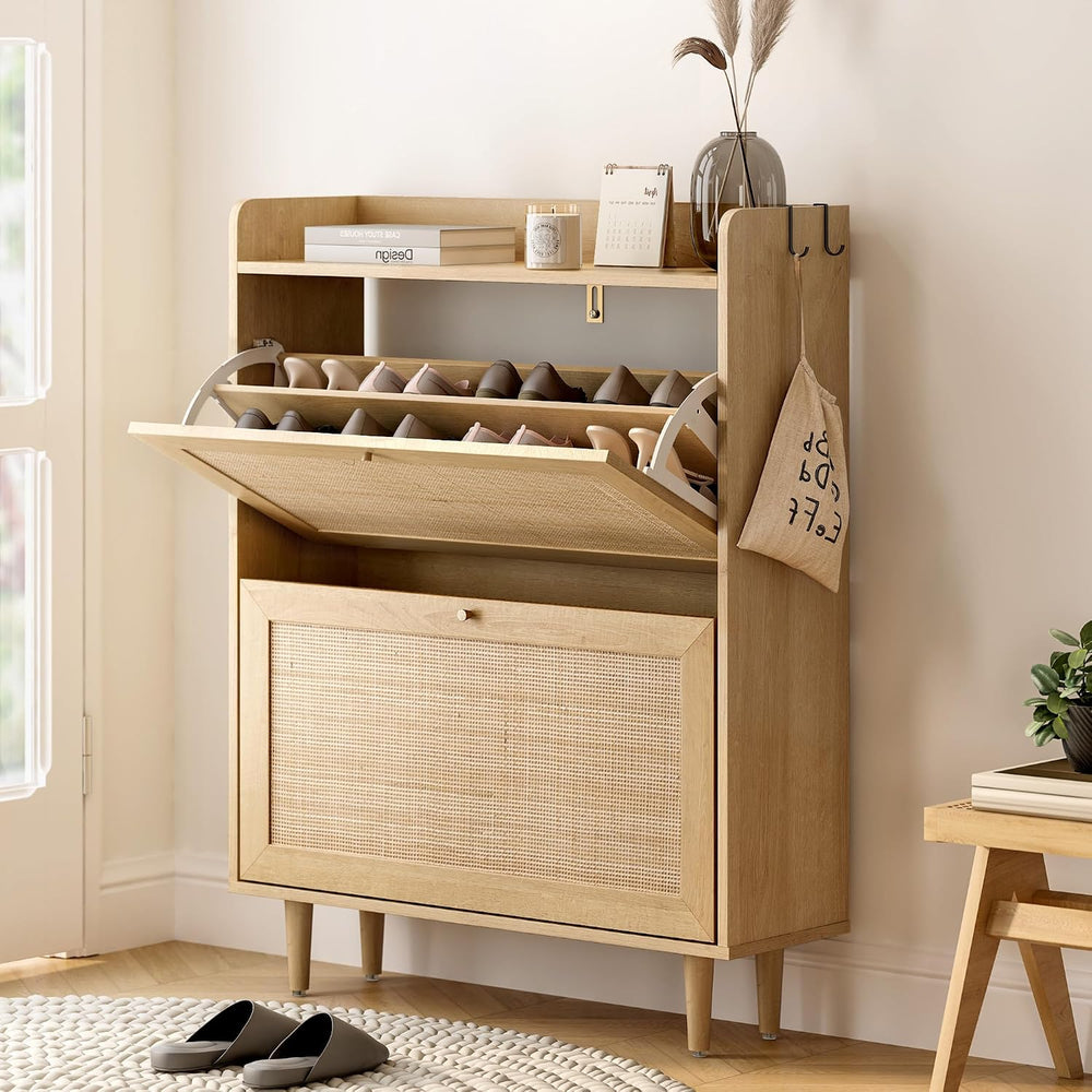 Rattan Shoe Storage Cabinet with 2 Flip Drawers, Farmhouse Freestanding Organ...