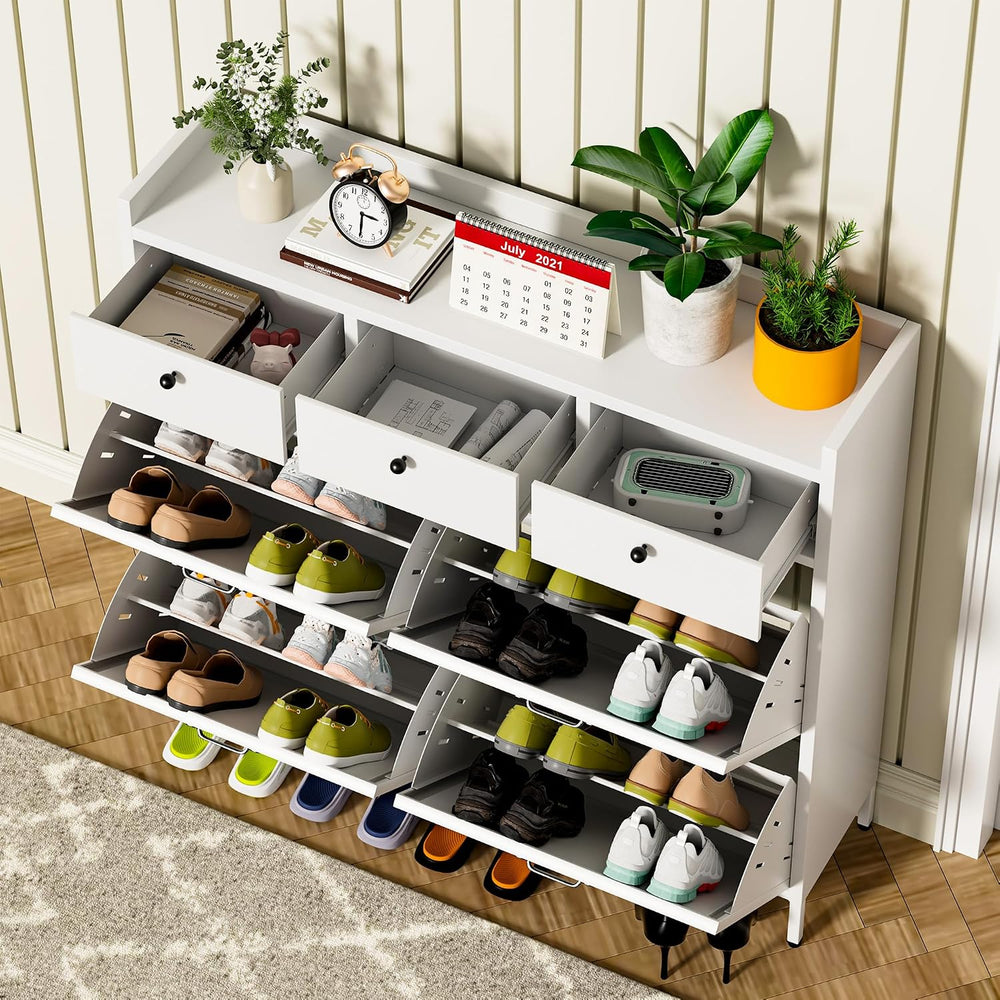 IKIMI White Metal Shoe Storage Cabinet with 4 Flip Drawers & 3 Top Drawers