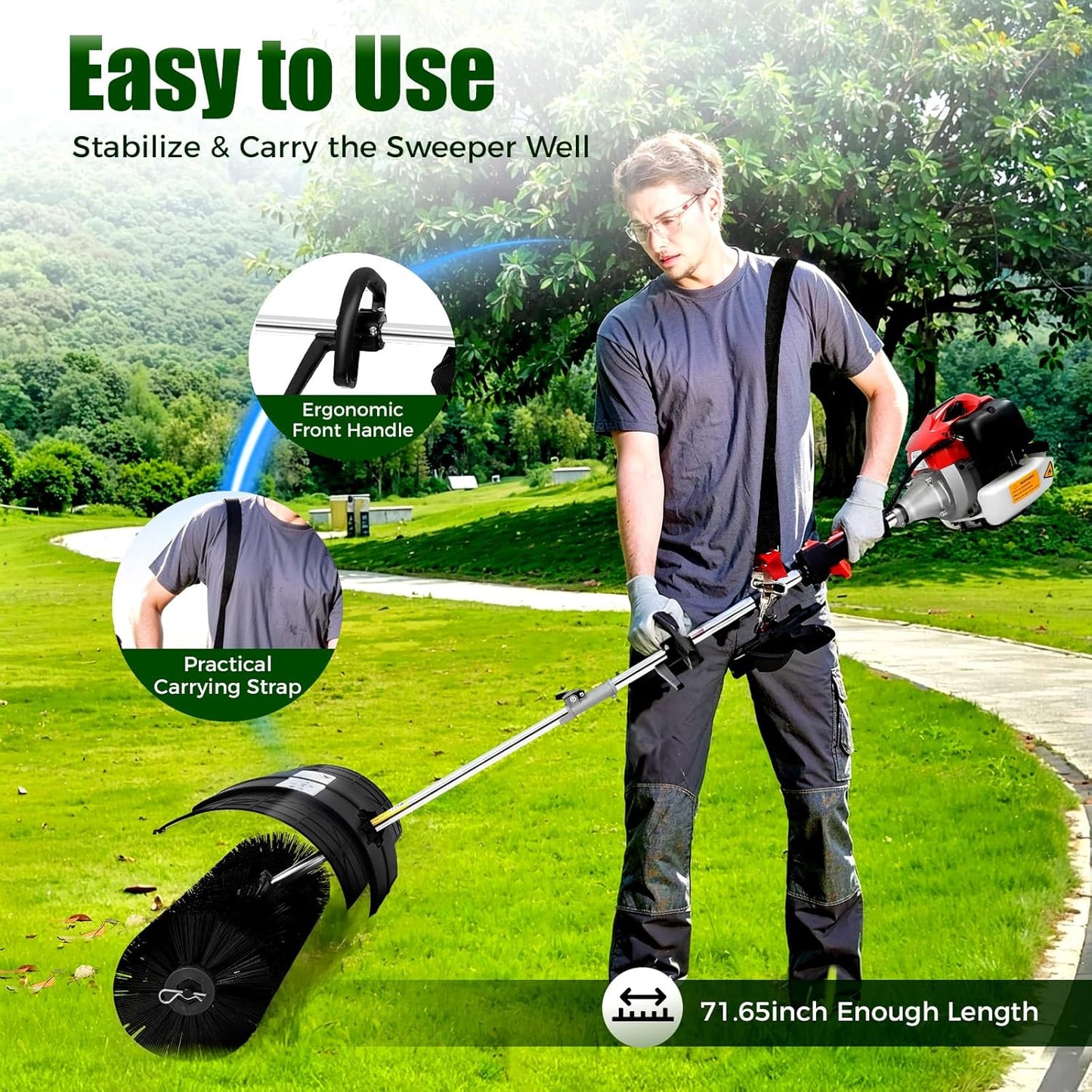 Gas Power Broom Sweeper, 52cc 2.3HP 2 Stroke Handheld Power Broom Artificial Grass Brush Gasoline Lawn Sweeper for Cleaning Driveway Turf Lawns Artificial Grass