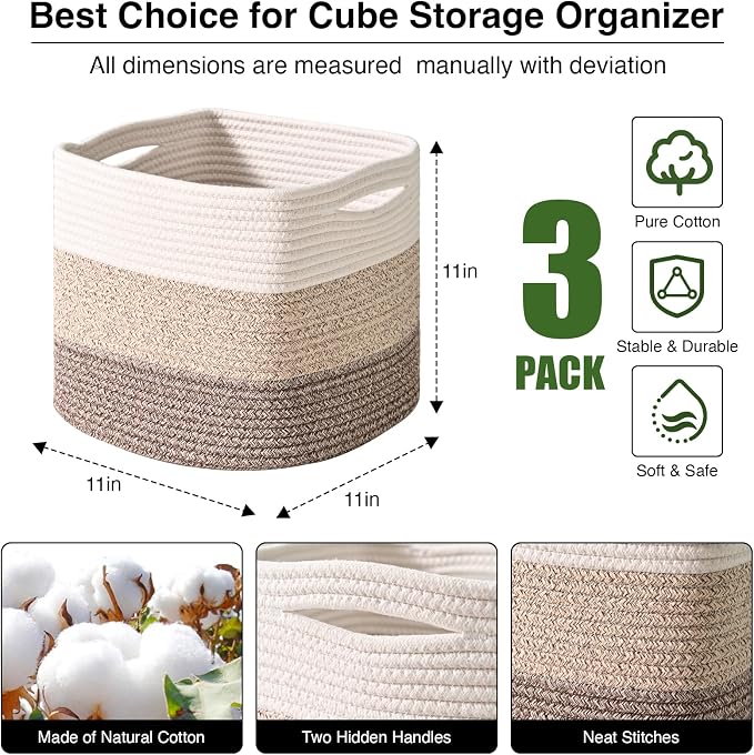11 Inch Cube Storage Bins, Storage Cube Organizer Bins, Woven Cotton Rope - Image 2