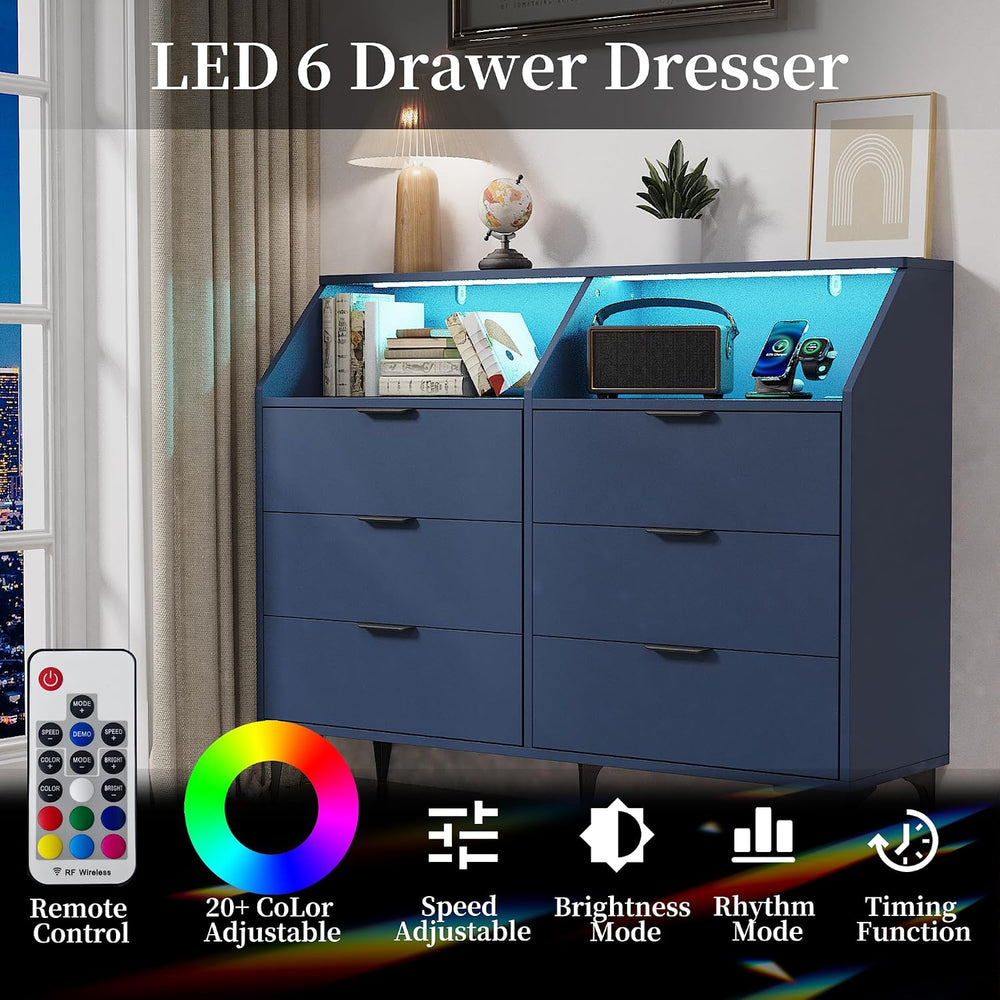 LOUVIXA 6 Drawer Dresser with LED Light, Chest of Drawers with Charging Stati...