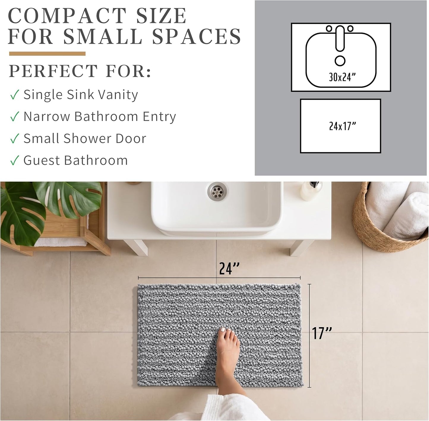 Yimobra Bathroom Rugs Non-Slip Washable – Extra Soft & Absorbent Chenille Bath Mat, Quick-Dry Plush Shaggy Floor & Vanity Bath Rugs for Tub & Shower, Modern Home Decor Accessories, 24 x 17, Grey