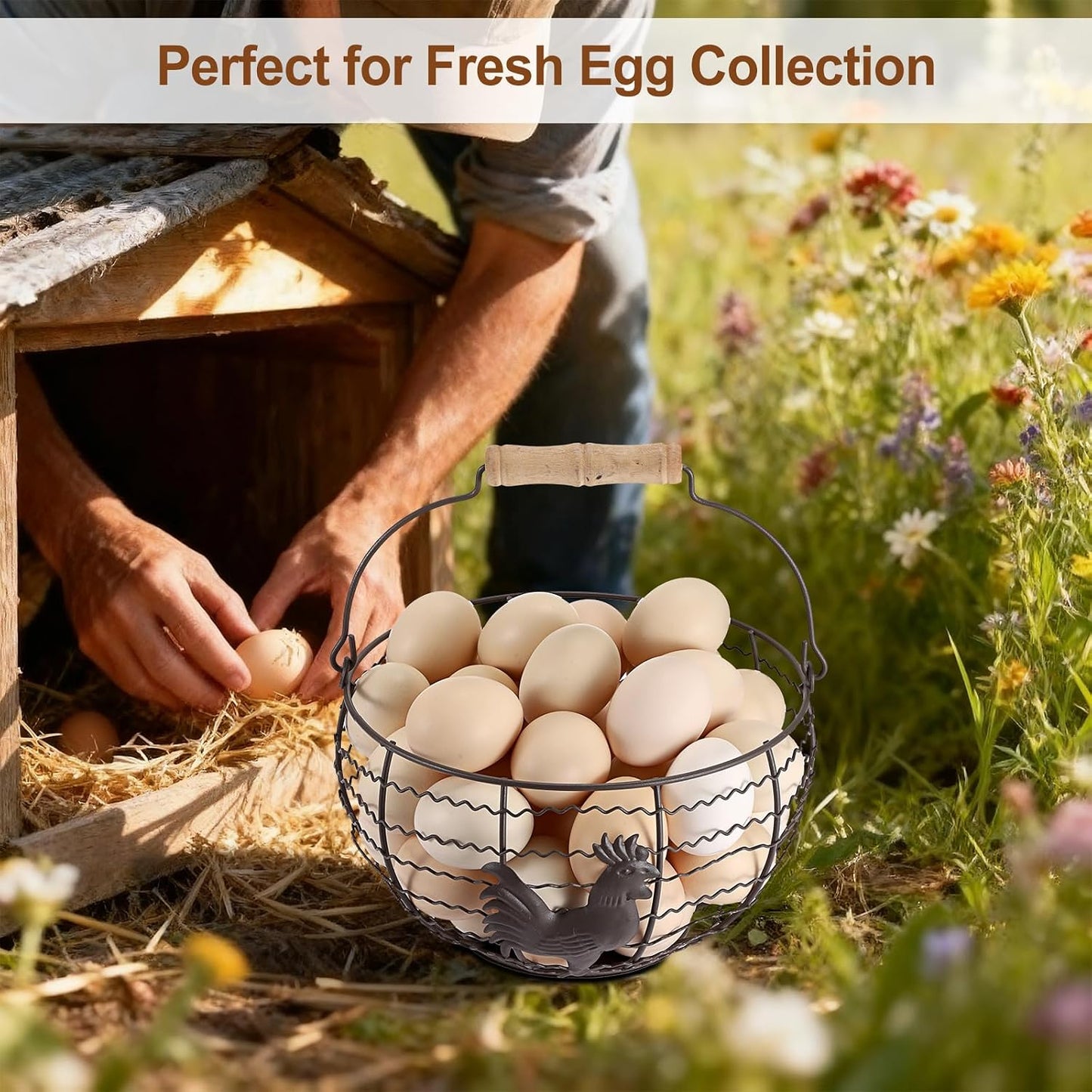 Farmhouse Egg 8'' Basket for Gathering Fresh Eggs, Wire Egg Basket | Chicken Eggs Holder for Countertop Kitchen, Wire Basket with Wood Handle, Vintage Style, Round, Rooster Pattern, Solid Bottom