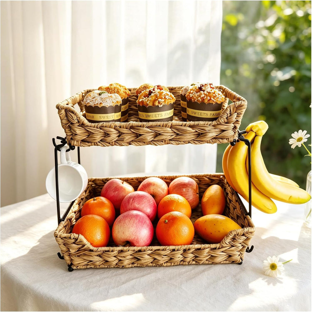 2-Tier Round Faux Rattan Wicker Storage Basket with Metal Frame, Countertop O...