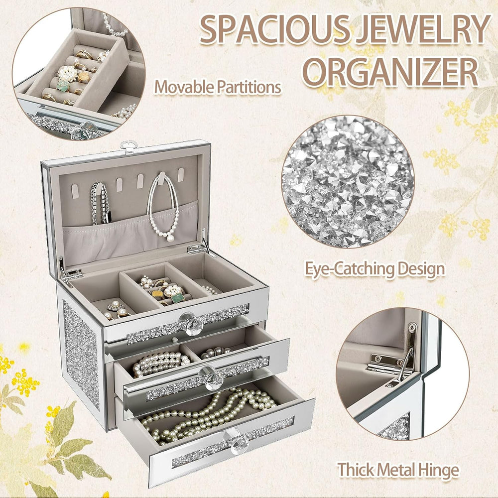Kenning Glass Mirrored Jewelry Box for Women 3 Layer 2 Drawer Crushed Diamond...