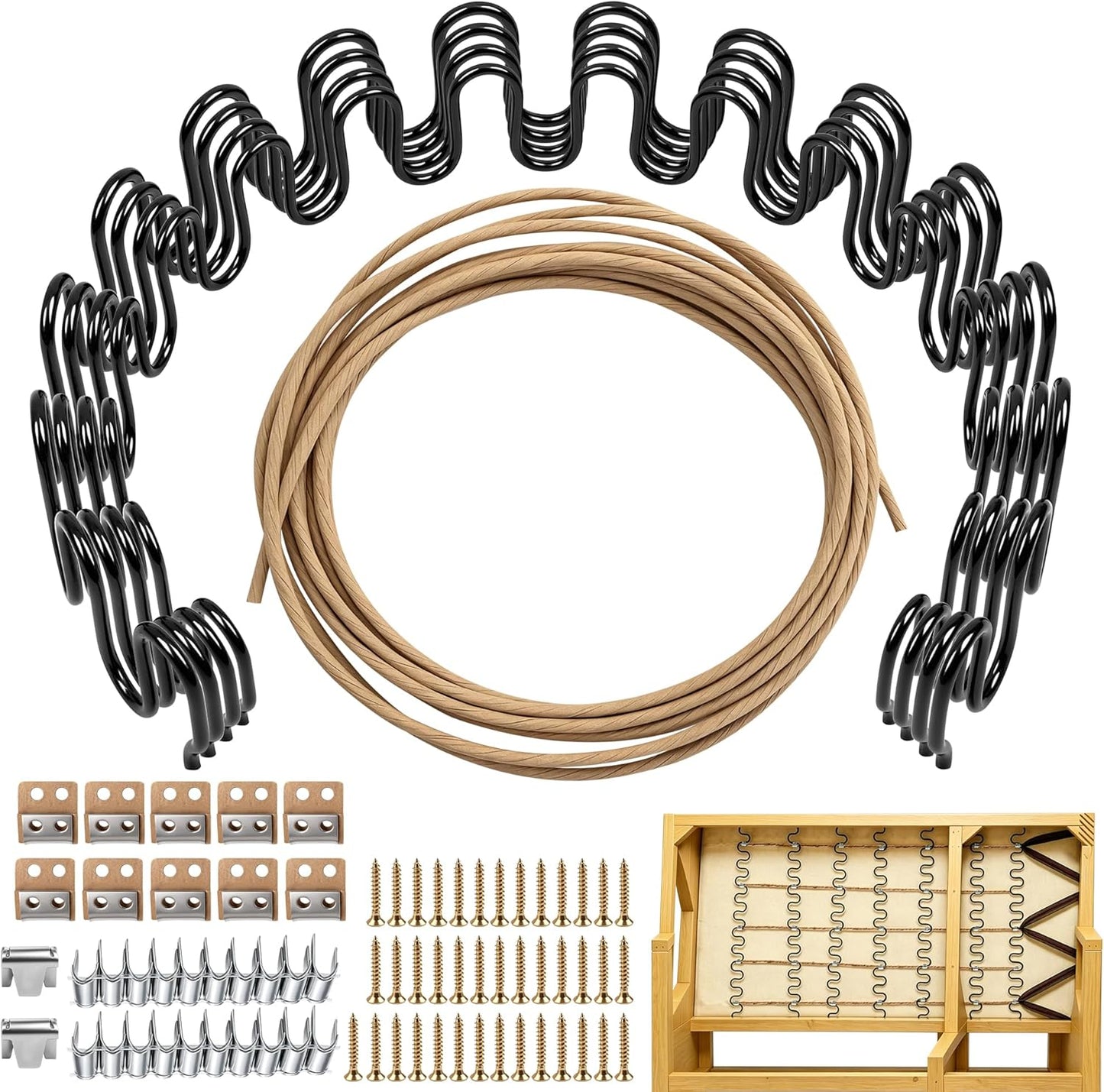Couch Spring Repair Kit to Fix Sofa Support for Sagging Cushions - Includes 4pk of Springs, Upholstery Spring Clips, Seat Stay Wire, Screws-Sofa Upholstery Replacement Kit