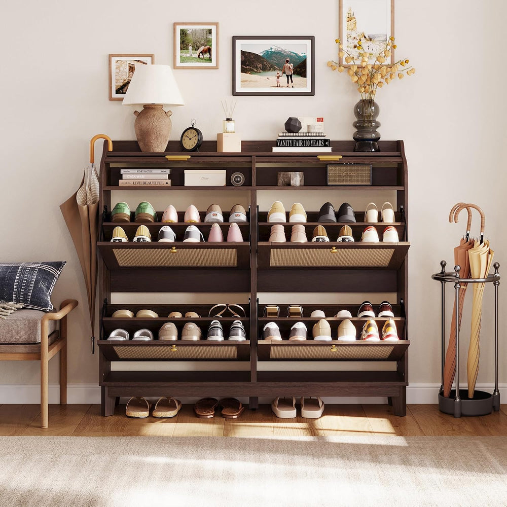 LINSY Shoe Storage Cabinet, Rattan Shoe Cabinet Flip Drawer Shoes Rack Cabine...