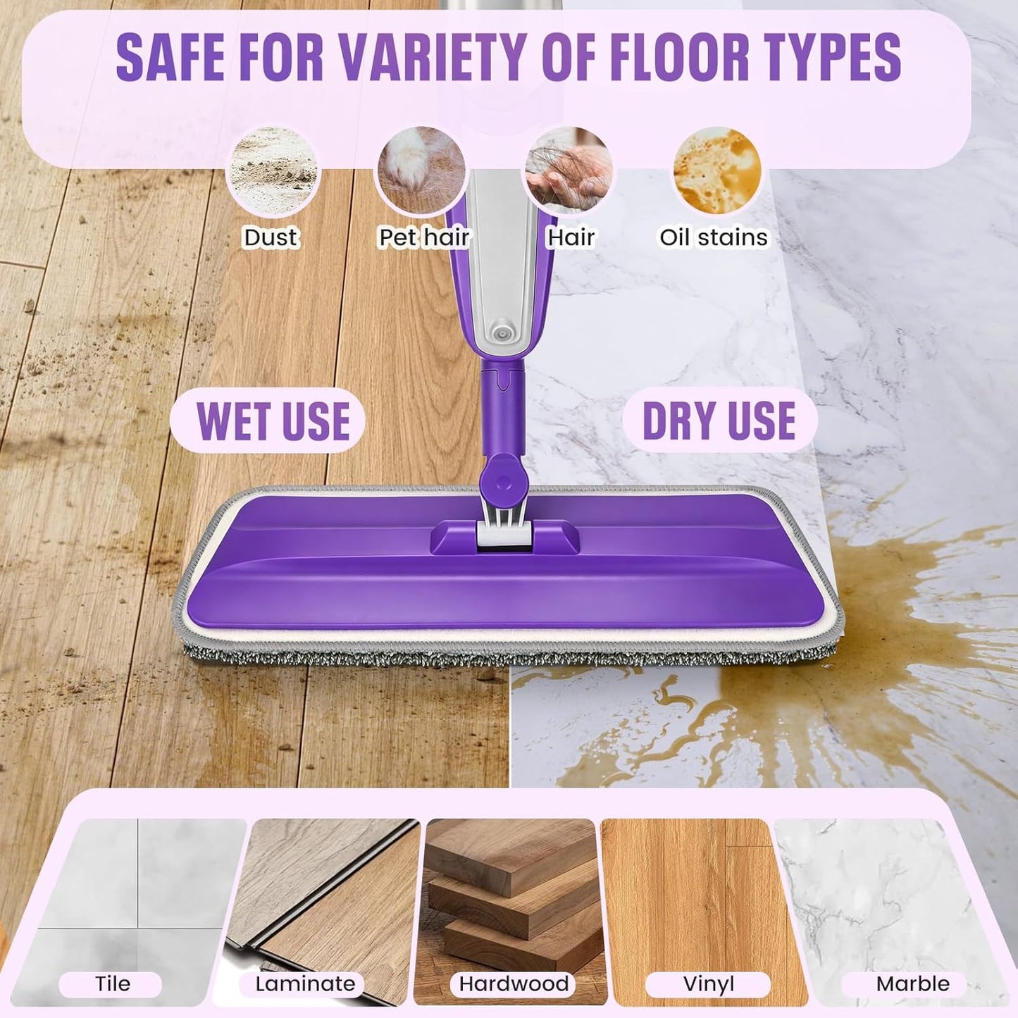 Spray Mop for Hardwood Floors Cleaning with 3 Washable Pads, Microfiber Wet Mops with Sprayer for Home Kitchen Tile Wood Vinyl Laminate,16.9 oz Refillable Bottle, Purple