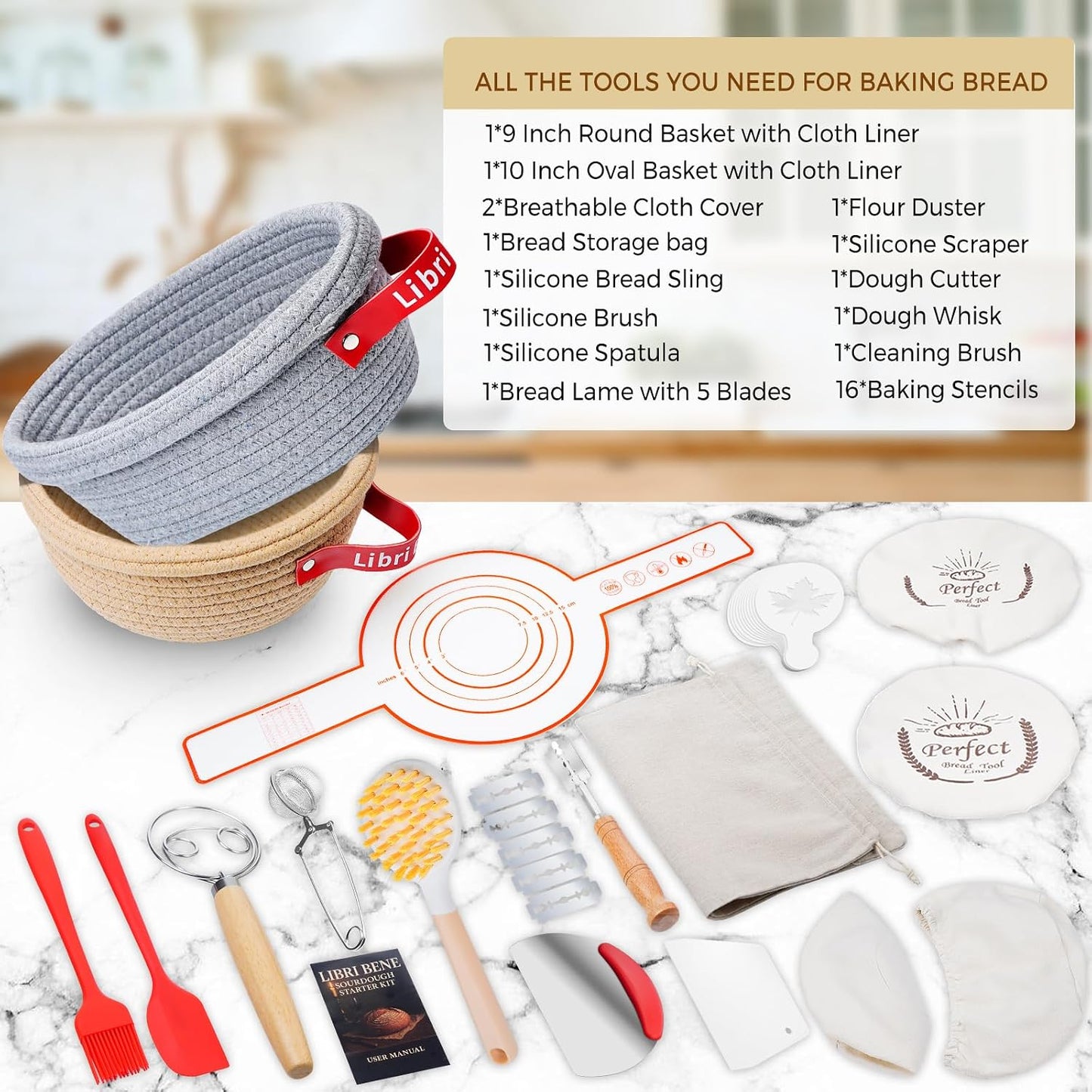 Sourdough Starter Kit,sourdough Bread Baking Supplies,Bread Proofing Basket,Sourdough Proofing Basket,Sourdough Kit Gifts for Bakers Women Wife Mom