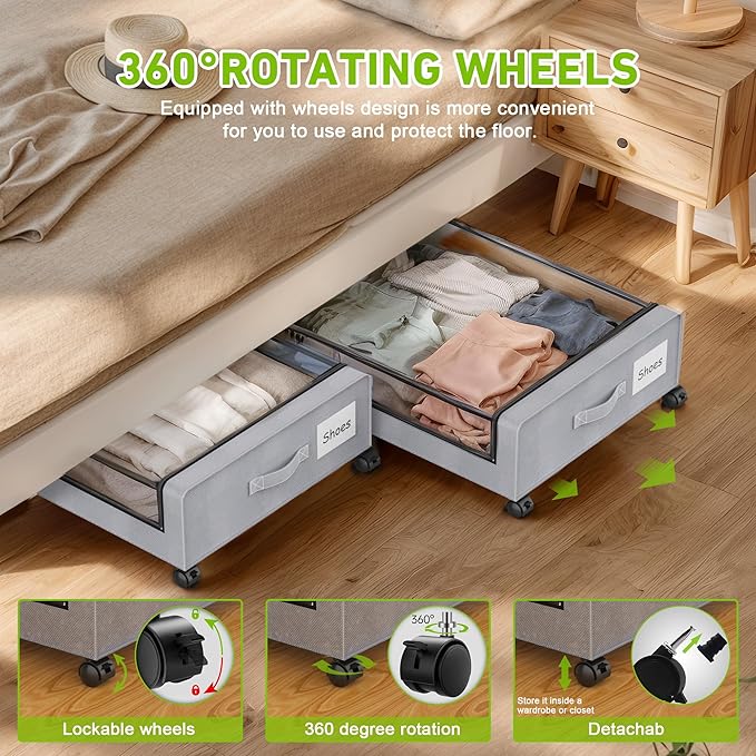 Under Bed Storage with Wheels, Underbed Storage Bins, XXL 60L Rolling Metal - Image 3