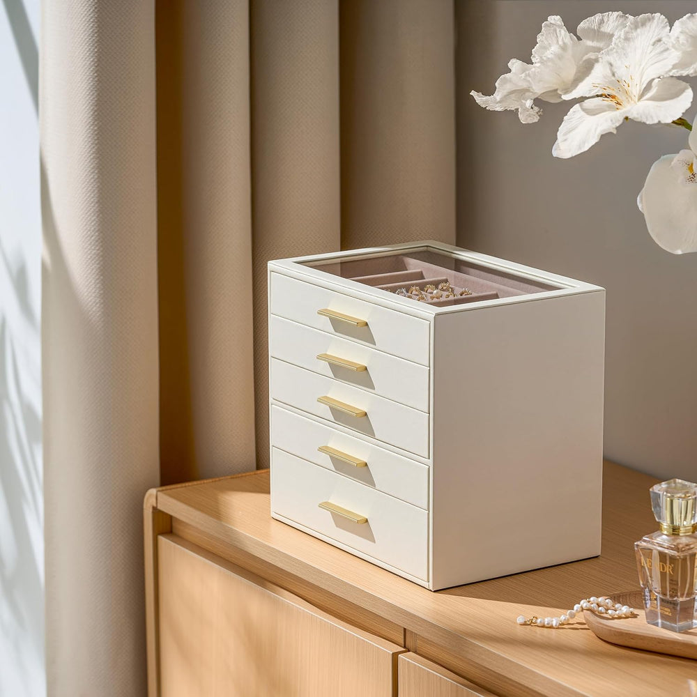Jewelry Box Organizer Storage Case, 5-Layer with Glass Window, White