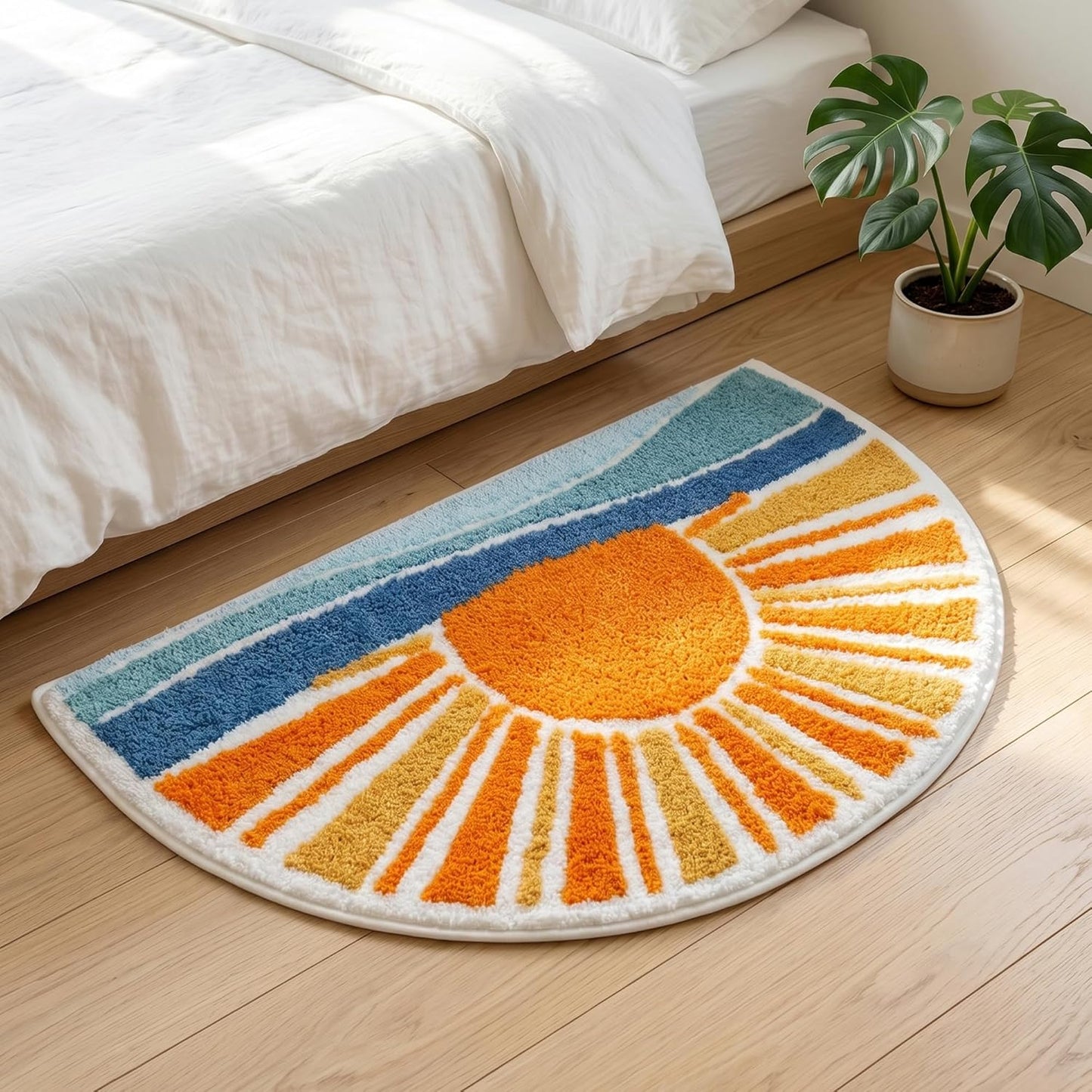 Boho Sun Bath Rug, Half Circle Bath Mat, Soft Plush Fluffy Absorbent Quick Dry Shower Rug, High-Low Pile Non Slip Floor Mat for Bathroom, Bedroom, Living Room, Kitchen Sink & Kids Room, 19.6"x35"