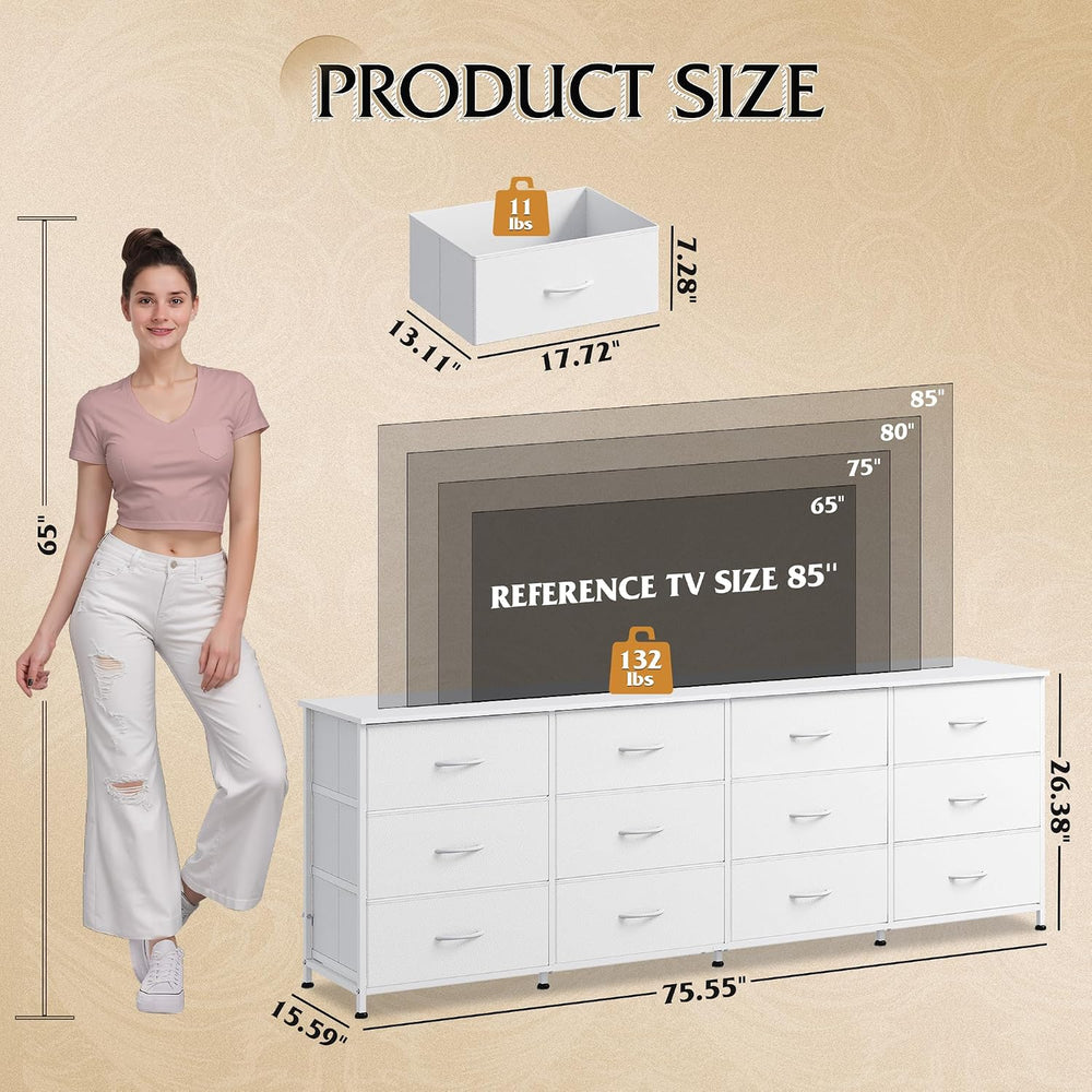 WLIVE Long Dresser TV Stand for 85 Inch TV, 12 Drawer Dresser, White