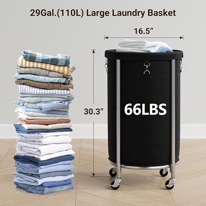 ELYKEN Laundry Hamper with Wheels, 110L Rolling Laundry Basket, Round Laundry - Image 3
