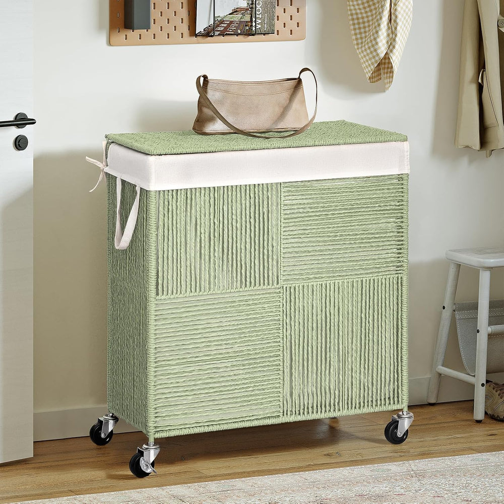 WOWLIVE Double Laundry Hamper with Wheels, Handwoven Rolling Laundry Basket