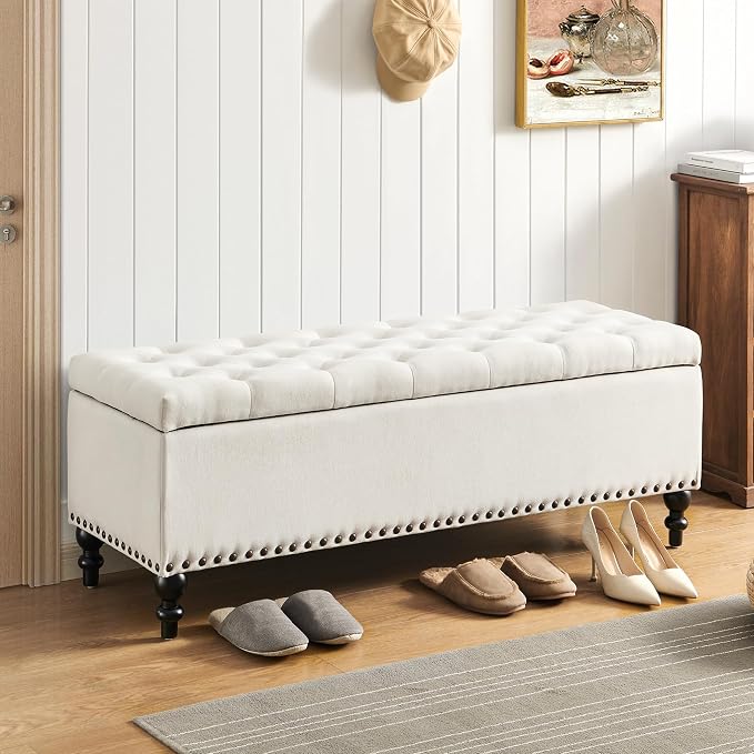 Storage Ottoman 50.2 Inches Upholstered Fabric Storage Ottoman Bench，Button by LivingGiving