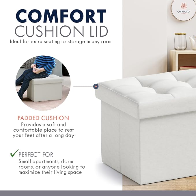 Ornavo Home Small Storage Ottoman Foldable Collapsible Rectangle Linen Ottoman - Image 6