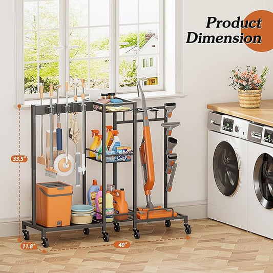 Broom Holder with Cleaning Supplies Organizer, Broom Closet Storage Cabinet - Image 2
