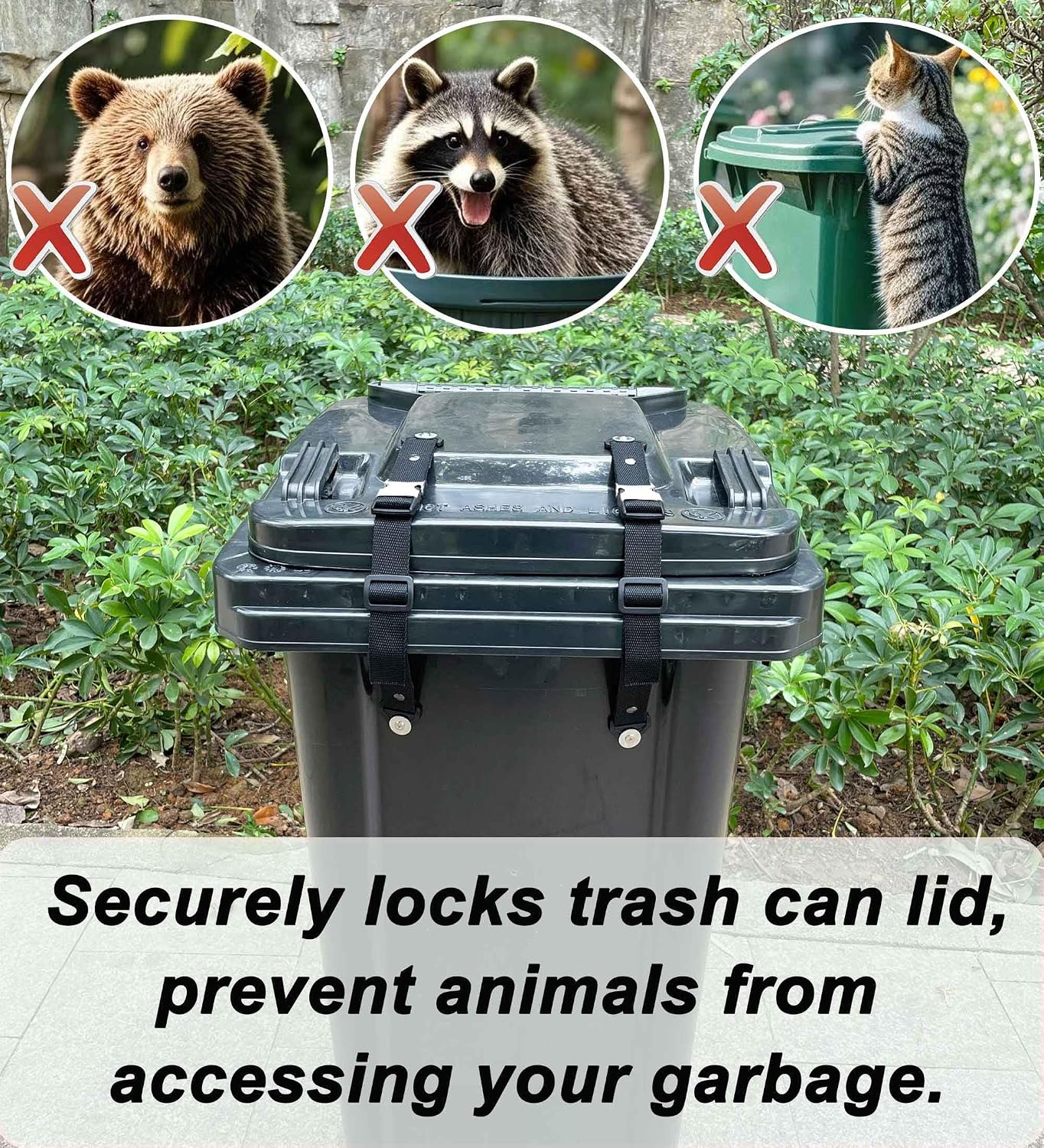 Metal Buckle Trash Can Lid Lock, Adjustable Strap Use for Locking Outdoor Waste Bin, Animals Proof Straps for Securing Garbage Can, 2 Pack