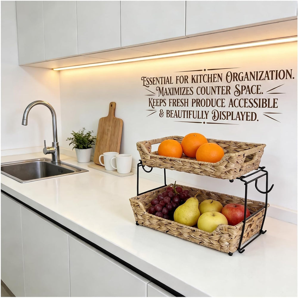 2-Tier Round Faux Rattan Wicker Storage Basket with Metal Frame, Countertop O...