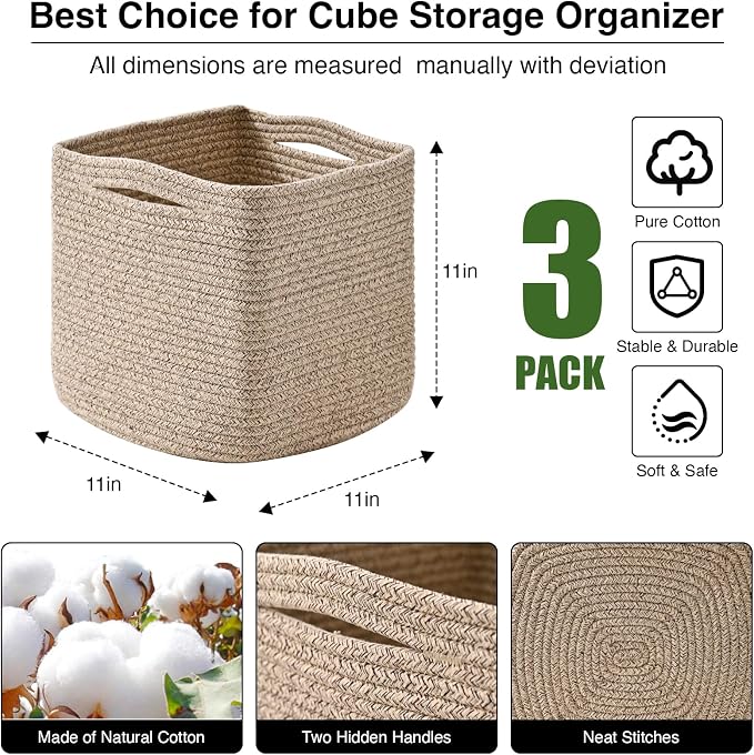 11 Inch Cube Storage Bins, Storage Cube Organizer Bins, Woven Cotton Rope - Image 3