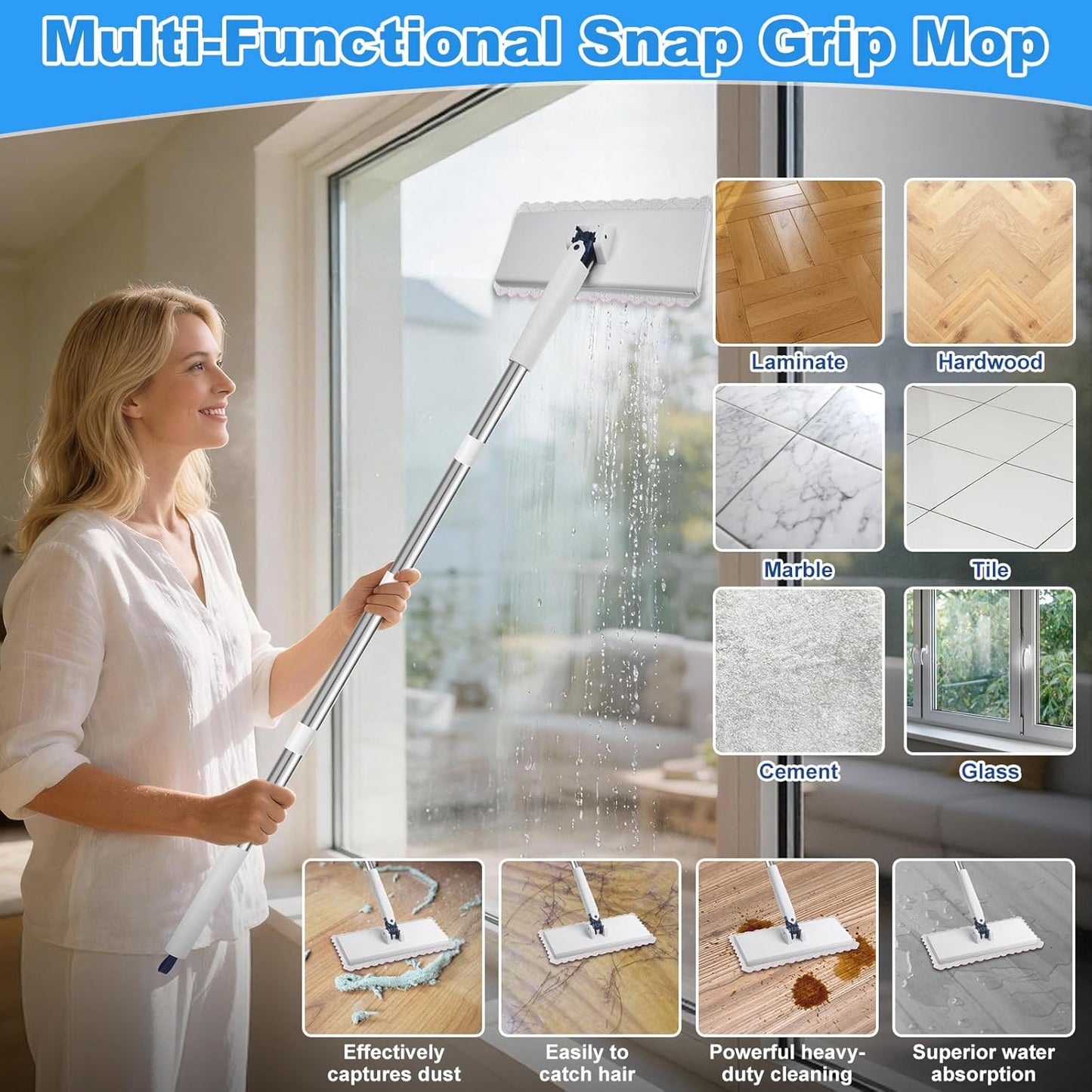 Snap Grip Mini Mop with 6 Washable Pads, Lazy Dry Wet Mops Household Items for Wall Window Ceiling, Dust Mop with 47" Handle, Zero-Touch Flat Floor Mops for Floor Cleaning for Home Kitchen Bathroom