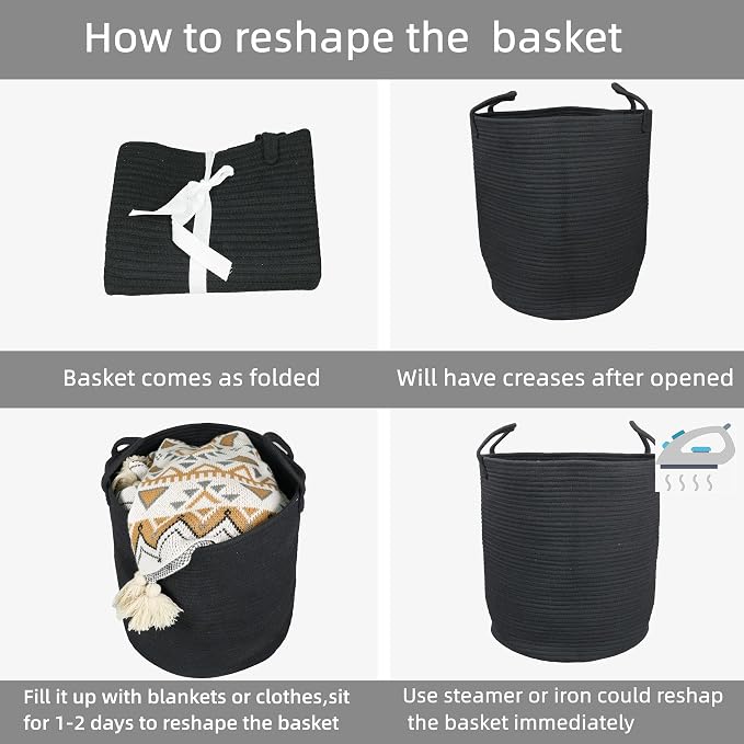 Black Cotton Rope Laundry Basket Hamper - Image 6