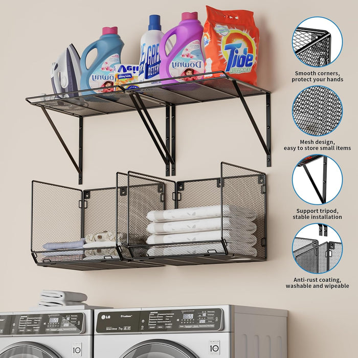 2 Pack Laundry Room Shelves Organization And Storage,Wall Mounted Clothes Drying Rack With Wire Mesh Basket Over Washer And Dryer,Large Capacity Floating Wall Shelf For Bathroom,Kitchen,Storeroom