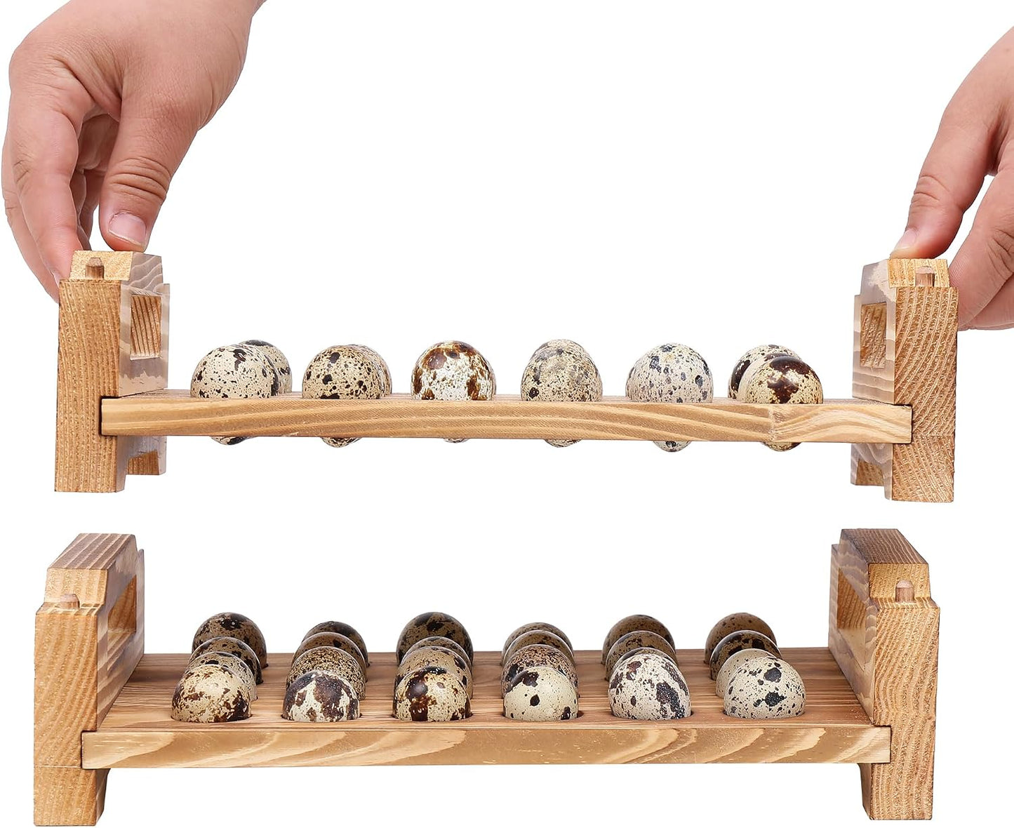 Stackable Wooden Quail & Pigeon Egg Holder Countertop, Farmhouse Kitchen Fresh Quail & Pigeon Egg Display Storage Rack Organizer Tray, 48 Slots, Natural Wood, Chemical-Free Coating