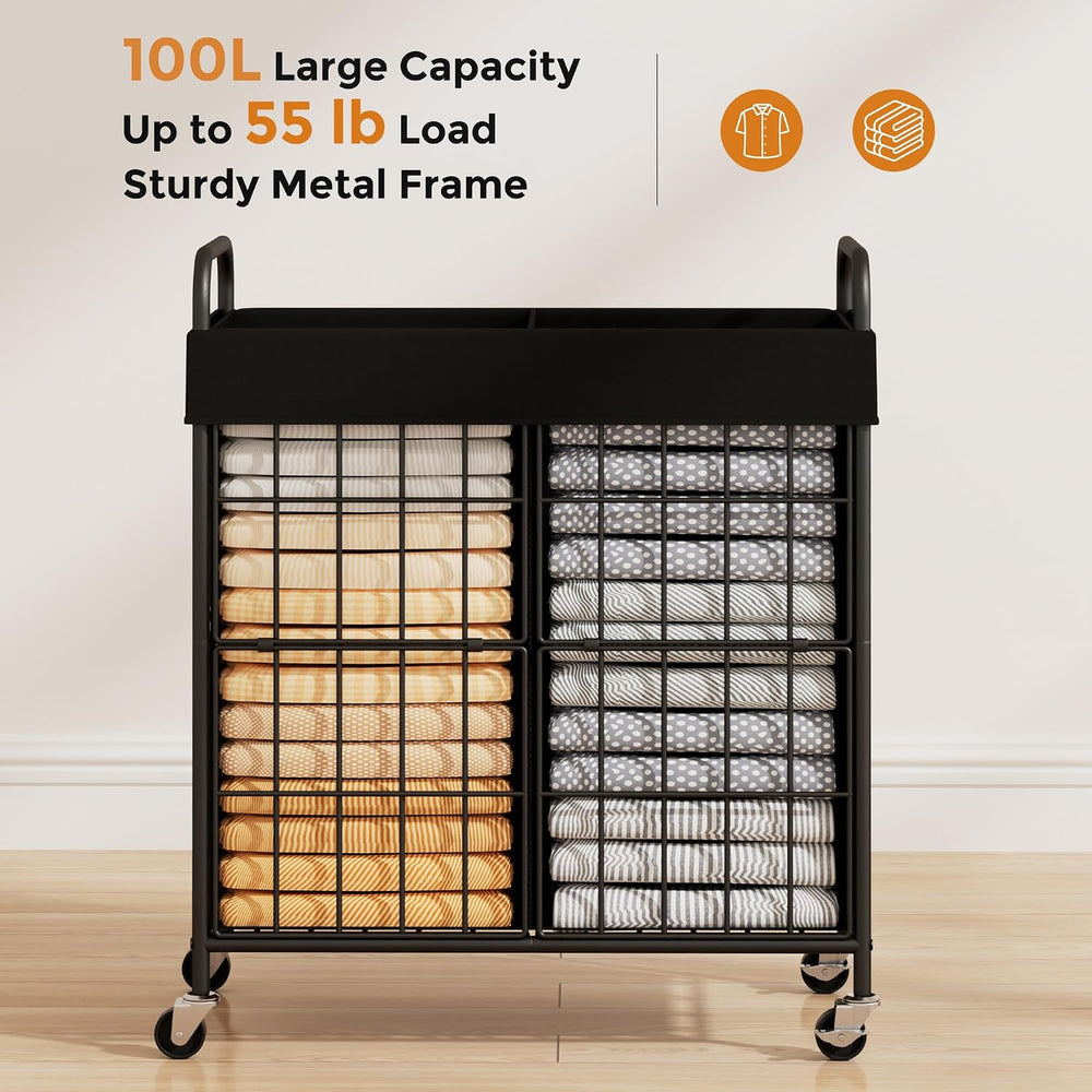100L 2-Section Laundry Hamper with Wheels, Laundry Basket with Liner Bag