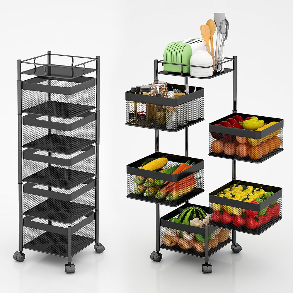 Fruit and Vegetable Basket for Kitchen No Assembly， Rotating Storage Rack,Bat...