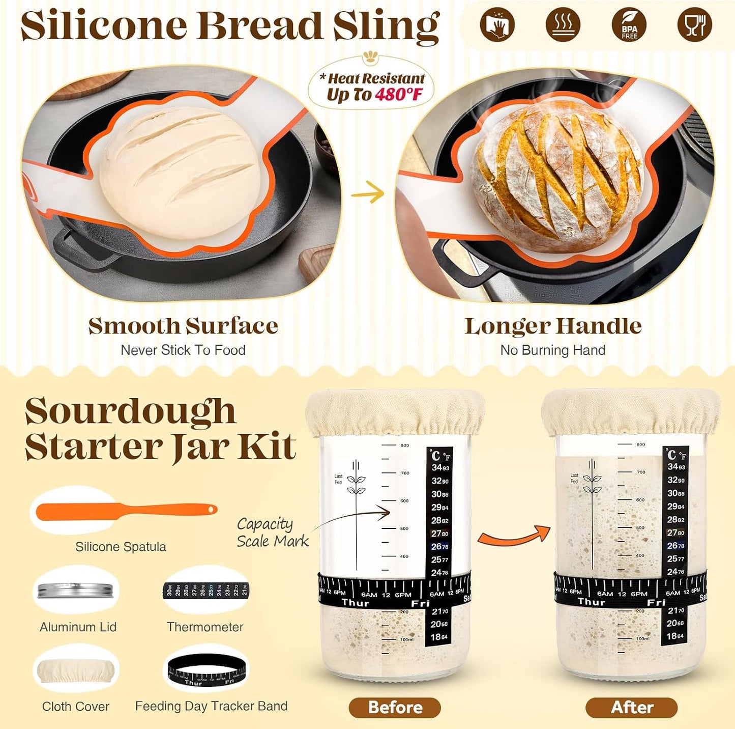 Sourdough Starter Kit with Bread Proofing Baskets, Jars, Baking Essentials | 9 in Round & 10 in Oval Baskets Set, Sourdough Bread Baking Supplies, Sour dough Beginner Kit Gifts for Bakers Women Wife Mom