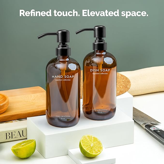 Vine Creations Amber Glass Soap Dispenser Set, Dish Soap and Hand Soap - Image 6