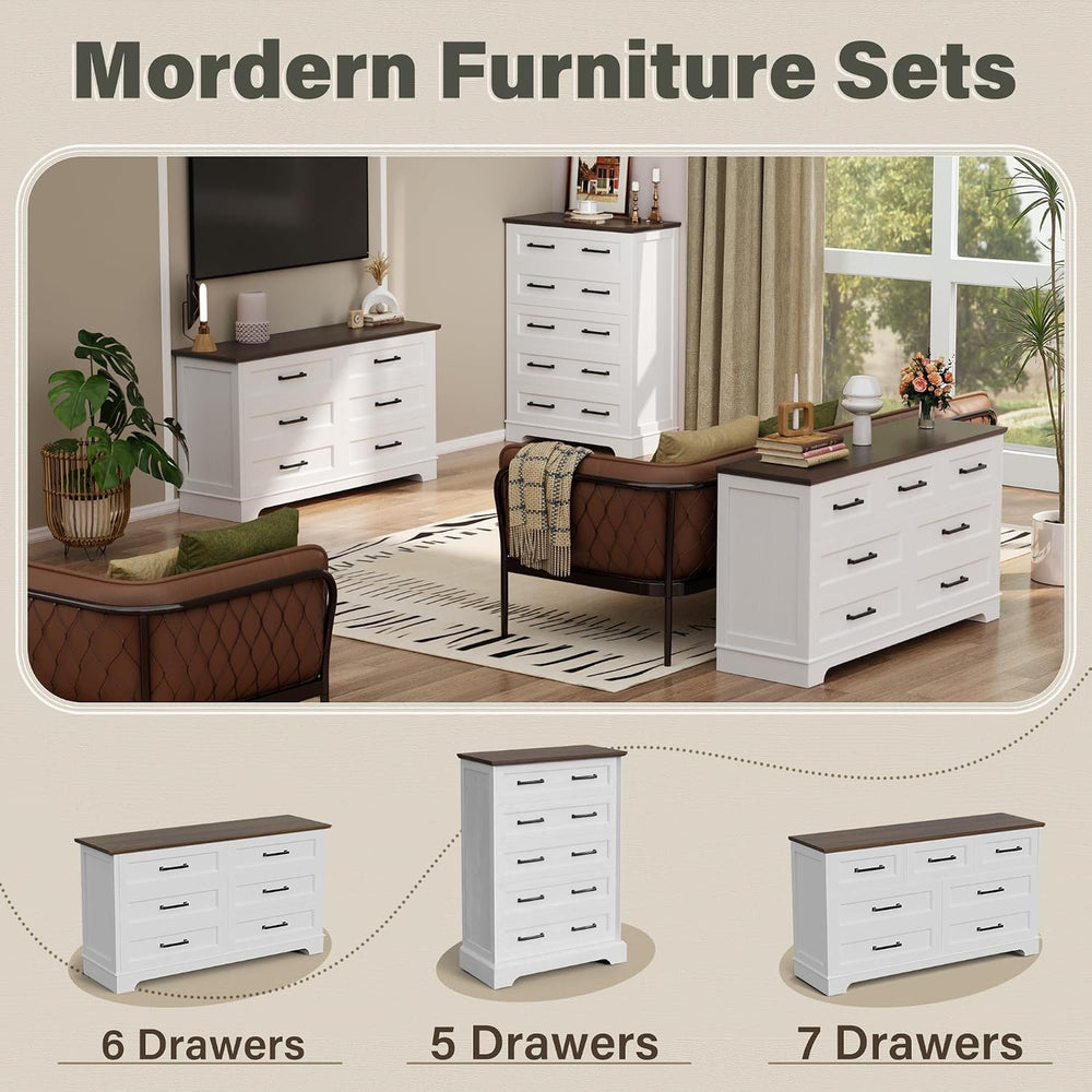 YESHOMY Tall Dresser for Bedroom, Farmhouse 5 Drawers Dresser, White&Brown