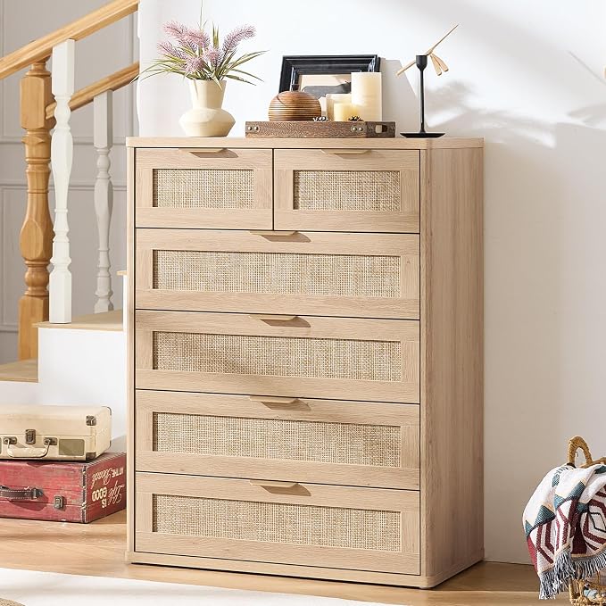 LEYAOYAO Rattan Dresser for Bedroom Set of 2, Modern 6 Drawers Boho Dressers - Image 7