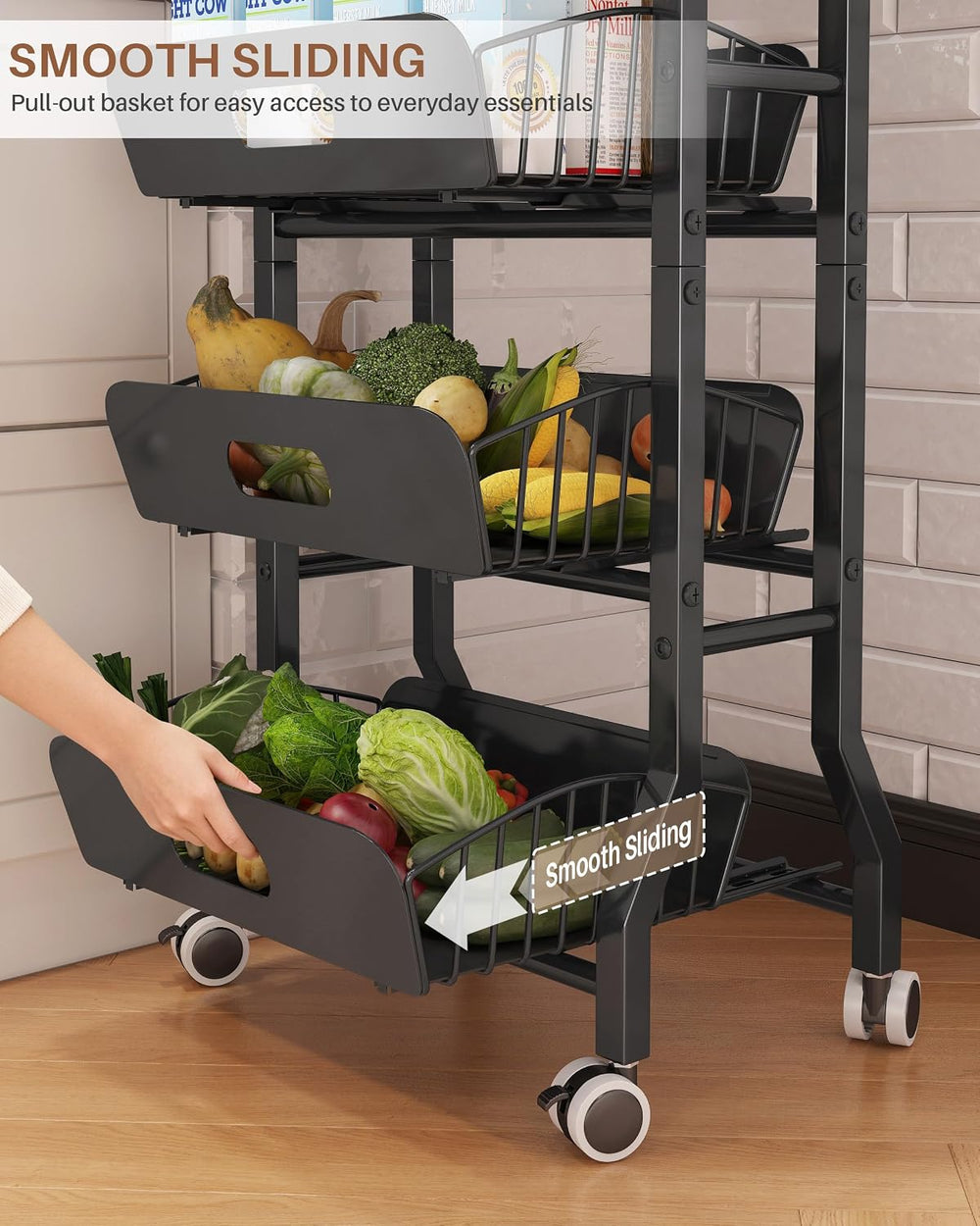 5-Tier Kitchen Storage Rolling Cart with 4 Drawers & Wheels,Black