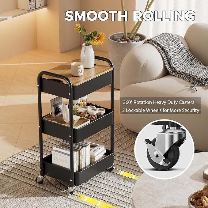 3 Tier Rolling Cart with Table top, Metal Utility Cart, Sturdy Storage - Image 5