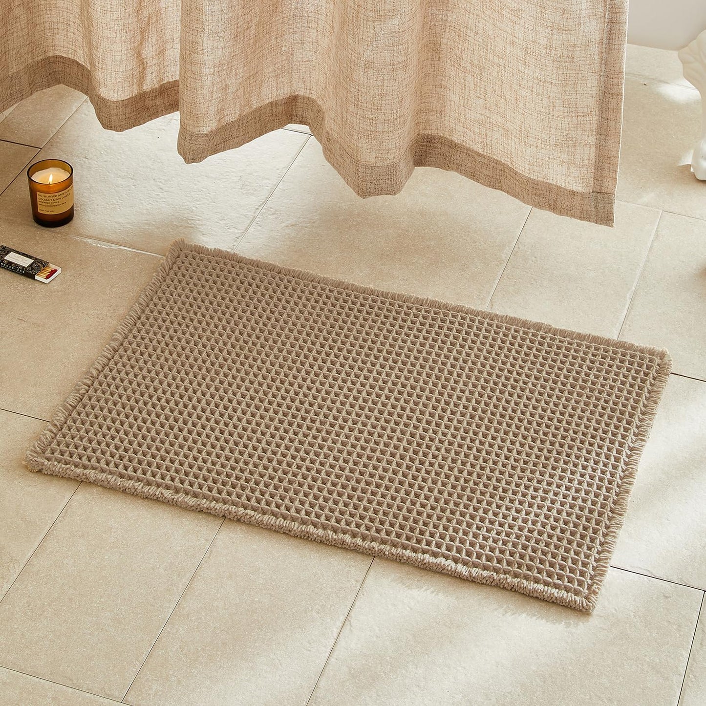 TYUU Waffle Bath Mat, Boho Bathroom Rugs Non Slip Washable Super Absorbent Quick Dry Farmhouse Bathroom Decor, 30"x20" Khaki